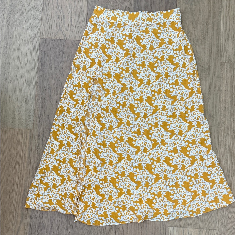 Hello Molly Mustard Yellow & White Floral A-Line Skirt with Front Split